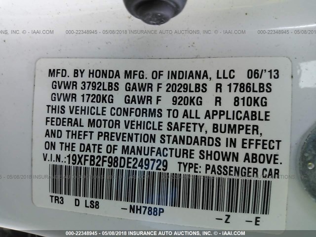 19XFB2F98DE249729 - 2013 HONDA CIVIC EXL WHITE photo 9