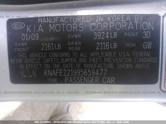 KNAFE221995659477 - 2009 KIA SPECTRA EX/LX/SX SILVER photo 9