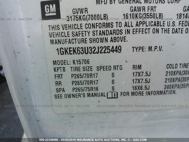 1GKEK63U32J225449 - 2002 GMC DENALI WHITE photo 9