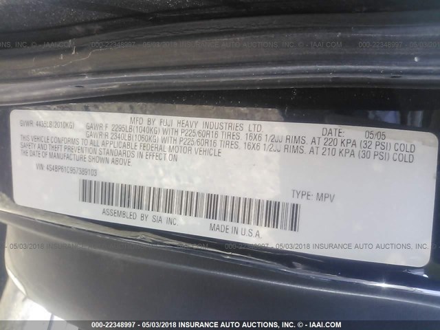 4S4BP61C957389103 - 2005 SUBARU LEGACY OUTBACK 2.5I BLACK photo 9