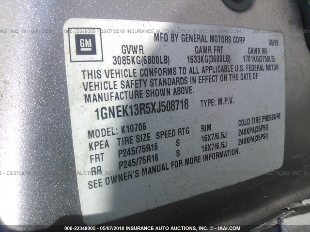 1GNEK13R5XJ508718 - 1999 CHEVROLET TAHOE K1500 GOLD photo 9