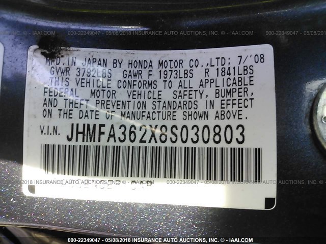 JHMFA362X8S030803 - 2008 HONDA CIVIC HYBRID GRAY photo 9