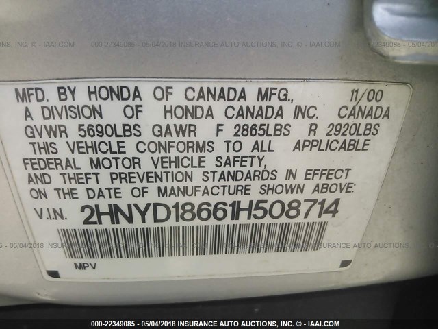 2HNYD18661H508714 - 2001 ACURA MDX TOURING SILVER photo 9