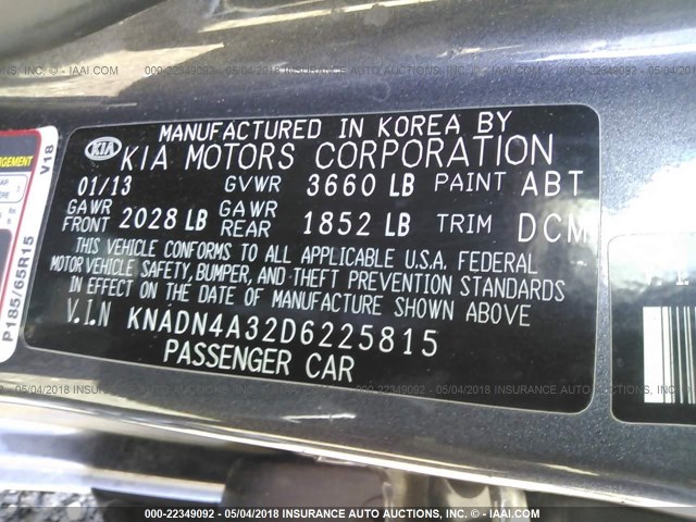 KNADN4A32D6225815 - 2013 KIA RIO EX/SX GRAY photo 9