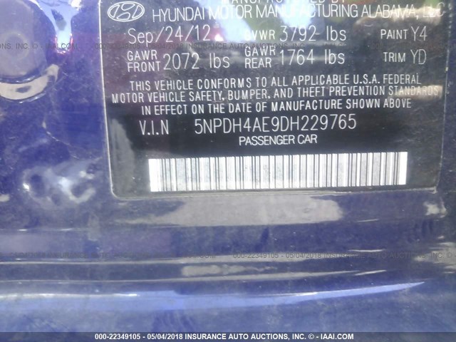 5NPDH4AE9DH229765 - 2013 HYUNDAI ELANTRA GLS/LIMITED BLUE photo 9