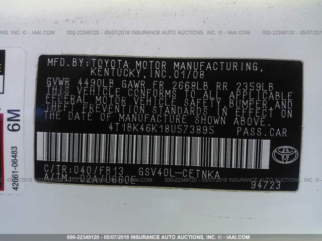 4T1BK46K18U573895 - 2008 TOYOTA CAMRY LE/XLE/SE WHITE photo 9