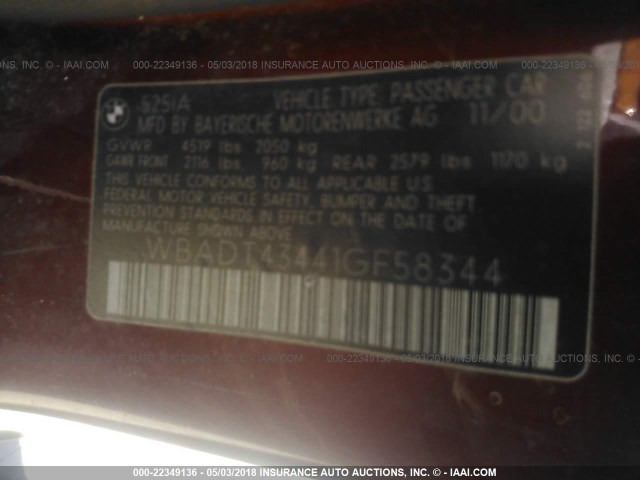 WBADT43441GF58344 - 2001 BMW 525 I AUTOMATIC Bordo foto 9