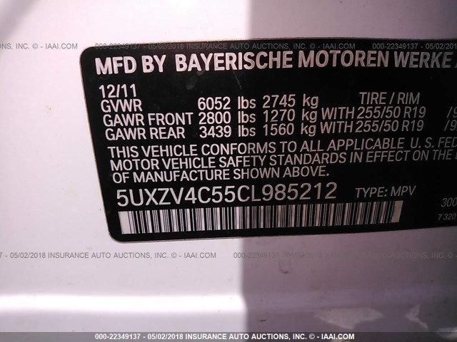 5UXZV4C55CL985212 - 2012 BMW X5 XDRIVE35I WHITE photo 9
