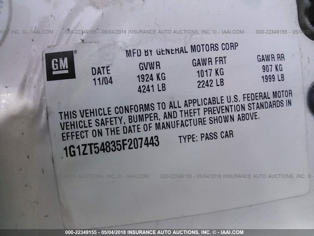 1G1ZT54835F207443 - 2005 CHEVROLET MALIBU LS 白色 照片 9