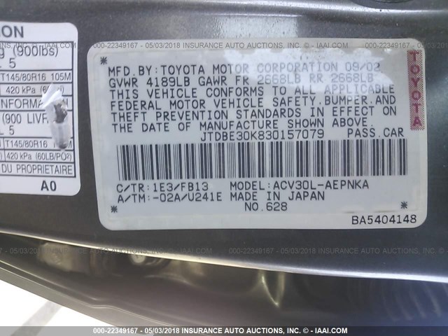 JTDBE30K830157079 - 2003 TOYOTA CAMRY LE/XLE Մոխրագույն լուսանկար 9