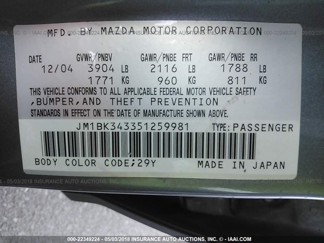 JM1BK343351259981 - 2005 MAZDA 3 HATCHBACK GRAY photo 9