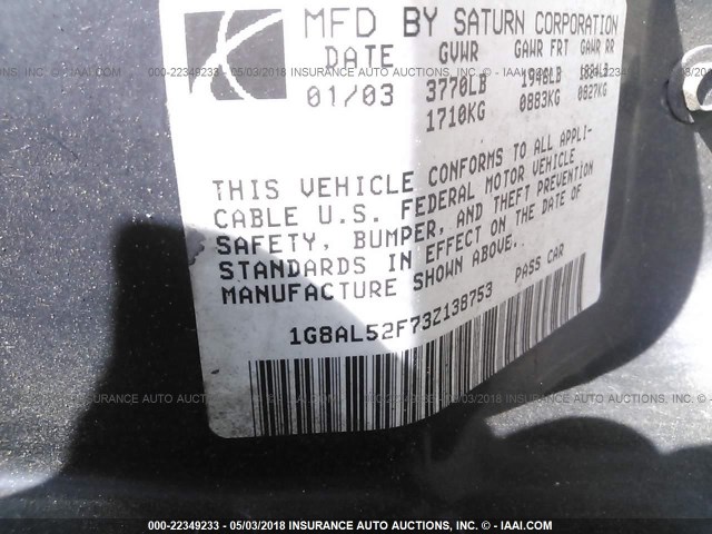 1G8AL52F73Z138753 - 2003 SATURN ION LEVEL 3 MAROON photo 9