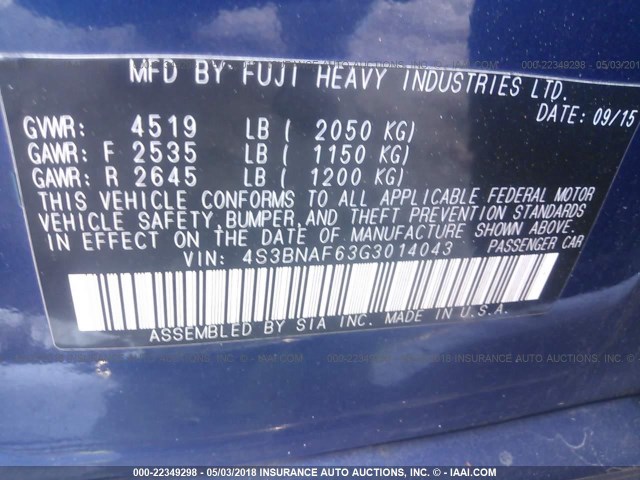 4S3BNAF63G3014043 - 2016 SUBARU LEGACY 2.5I PREMIUM BLUE photo 9