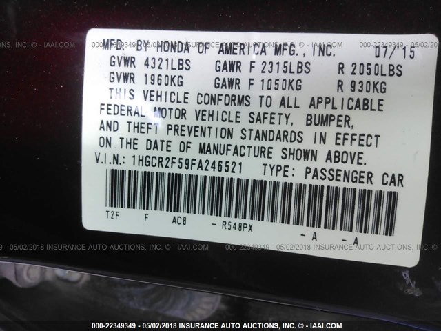 1HGCR2F59FA246521 - 2015 HONDA ACCORD SPORT MAROON photo 9