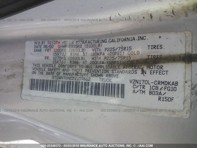 5TEWN72N02Z103662 - 2002 TOYOTA TACOMA XTRACAB SILVER photo 9