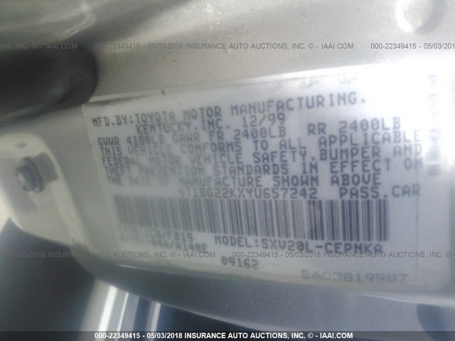 4T1BG22KXYU657242 - 2000 TOYOTA CAMRY CE/LE/XLE 银色 照片 9