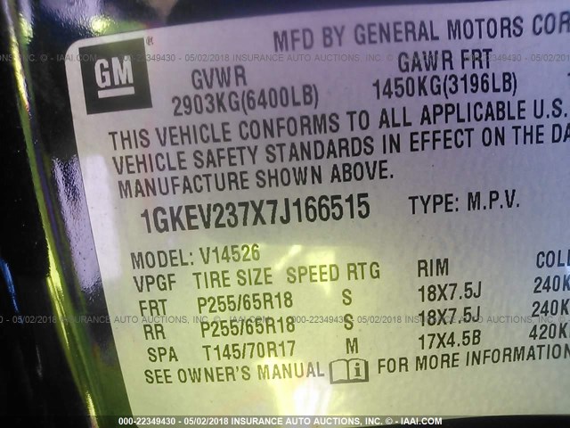 1GKEV237X7J166515 - 2007 GMC ACADIA SLT-1 Azul foto 9