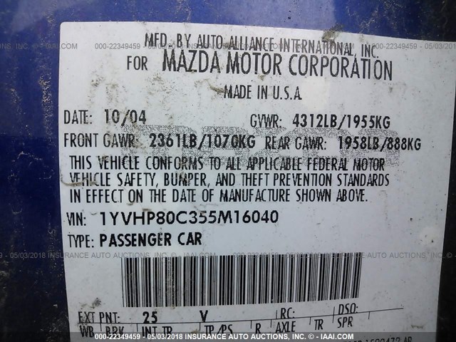 1YVHP80C355M16040 - 2005 MAZDA 6 I Niebieski zdjęcie 9