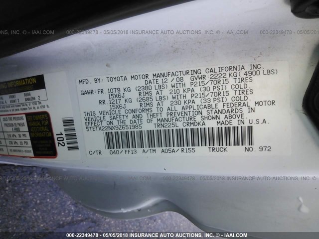 5TETX22NX9Z651985 - 2009 TOYOTA TACOMA ACCESS CAB Weiß Foto 9