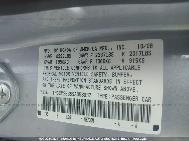 1HGCP26359A058037 - 2009 HONDA ACCORD LX SILVER photo 9