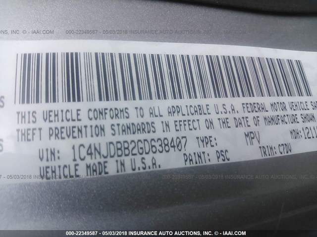 1C4NJDBB2GD638407 - 2016 JEEP COMPASS SPORT GRAY photo 9