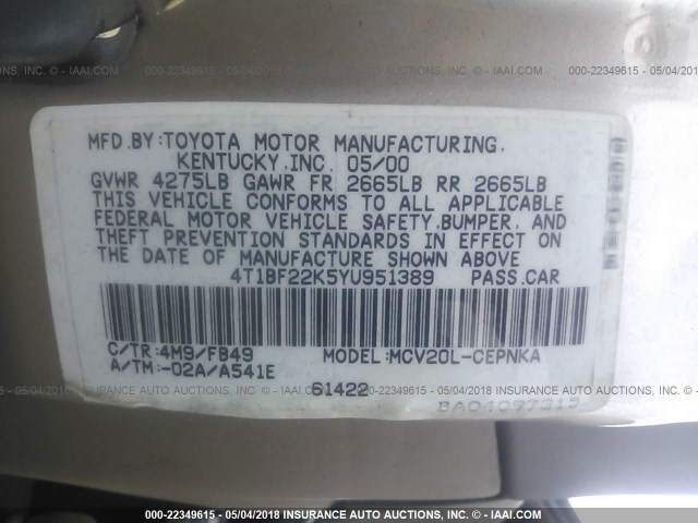 4T1BF22K5YU951389 - 2000 TOYOTA CAMRY LE/XLE TAN photo 9
