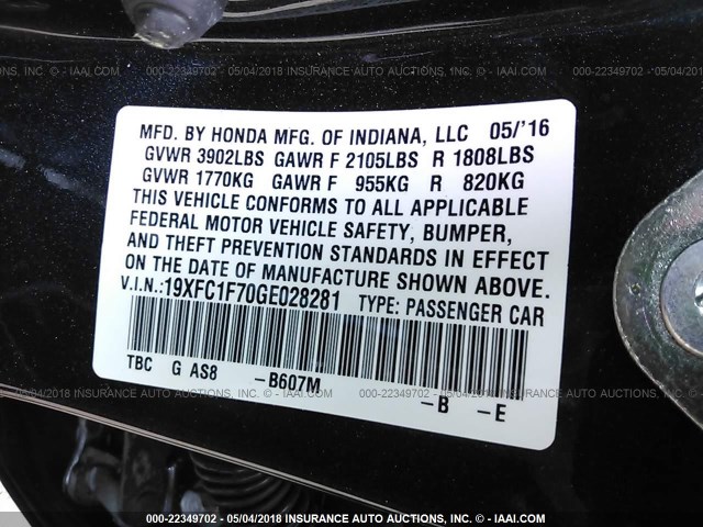 19XFC1F70GE028281 - 2016 HONDA CIVIC EXL BLUE photo 9