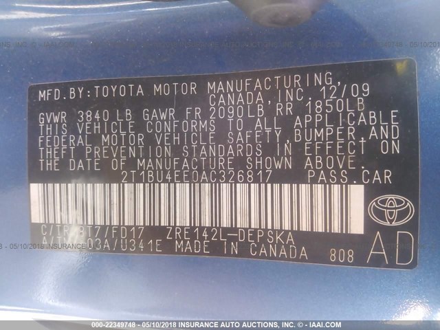 2T1BU4EE0AC326817 - 2010 TOYOTA COROLLA S/LE/XLE BLUE photo 9