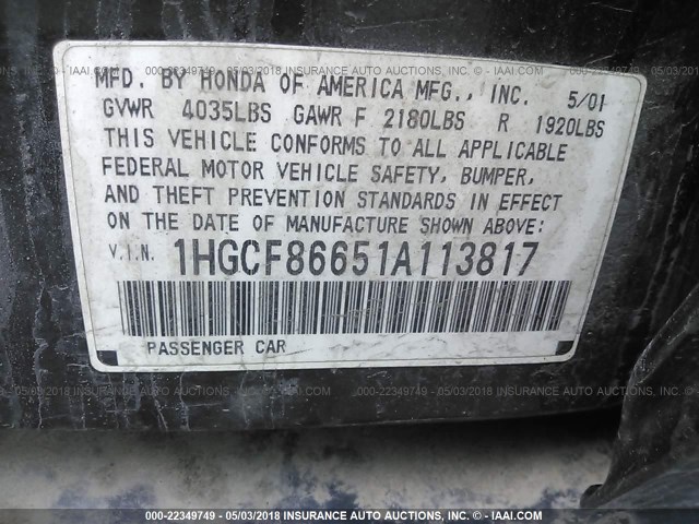 1HGCF86651A113817 - 2001 HONDA ACCORD VALUE GREEN photo 9