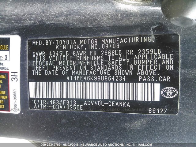 4T1BE46K99U864234 - 2009 TOYOTA CAMRY SE/LE/XLE 灰色 照片 9