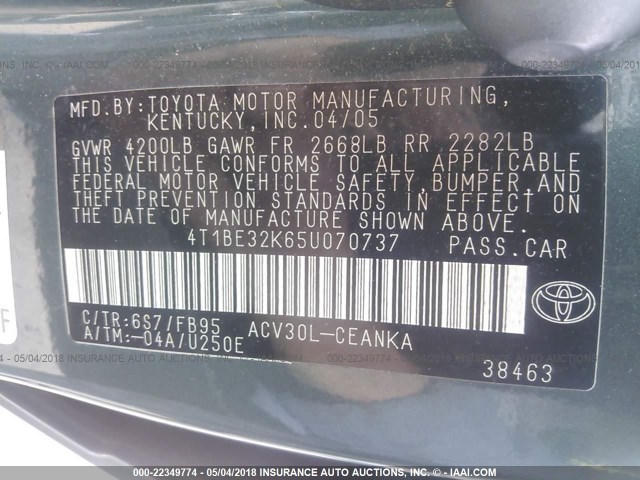 4T1BE32K65U070737 - 2005 TOYOTA CAMRY LE/XLE/SE მწვანე ფოტო 9