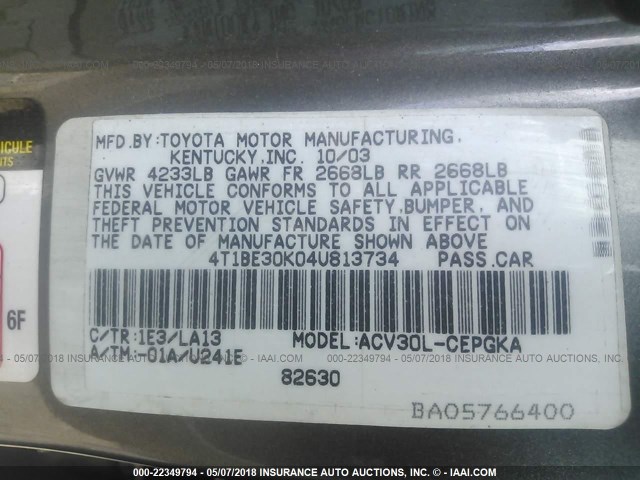 4T1BE30K04U813734 - 2004 TOYOTA CAMRY LE/XLE/SE ნაცრისფერი ფოტო 9