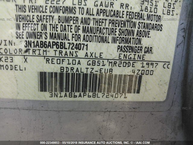 3N1AB6AP6BL724071 - 2011 NISSAN SENTRA 2.0/2.0S/SR/2.0SL SILVER photo 9