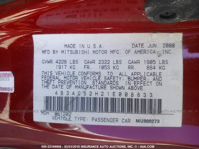 4B3AG52H21E008833 - 2001 DODGE STRATUS R/T RED photo 9