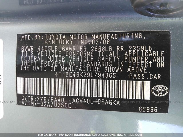 4T1BE46K29U794365 - 2009 TOYOTA CAMRY SE/LE/XLE Light Blue photo 9