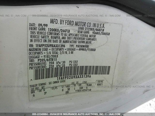 1FAFP52U9XA331396 - 1999 FORD TAURUS LX WHITE photo 9