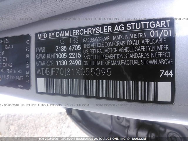 WDBJF70J81X055095 - 2001 MERCEDES-BENZ E 430 SILVER photo 9