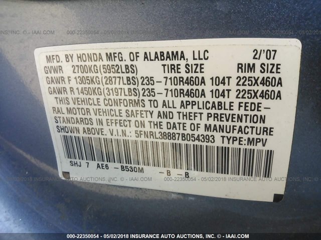 5FNRL38887B054393 - 2007 HONDA ODYSSEY TOURING Light Blue photo 9