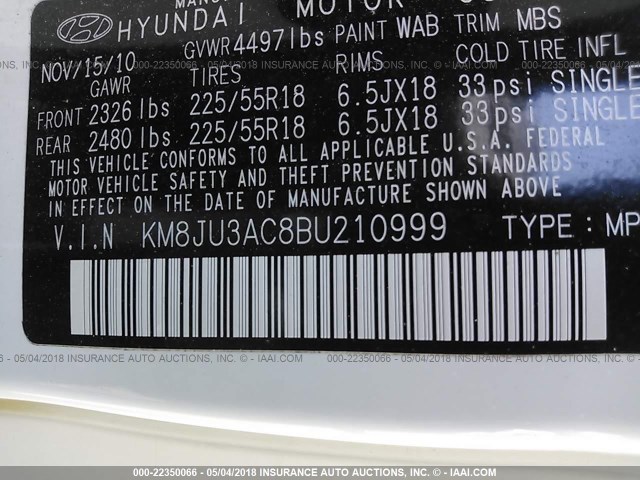 KM8JU3AC8BU210999 - 2011 HYUNDAI TUCSON GLS/LIMITED თეთრი ფოტო 9