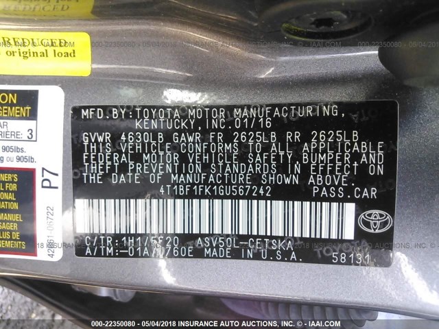4T1BF1FK1GU567242 - 2016 TOYOTA CAMRY LE/XLE/SE/XSE GRAY photo 9