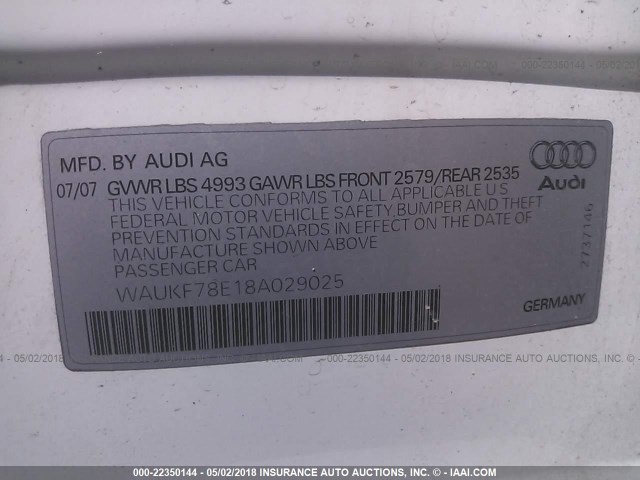 WAUKF78E18A029025 - 2008 AUDI A4 2.0T AVANT QUATTRO WHITE photo 9