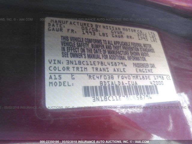 3N1BC11E78L458796 - 2008 NISSAN VERSA S/SL RED photo 9