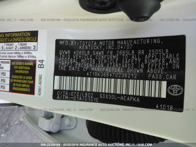 4T1BK36B47U236212 - 2007 TOYOTA AVALON XL/XLS/TOURING/LIMITED WHITE photo 9