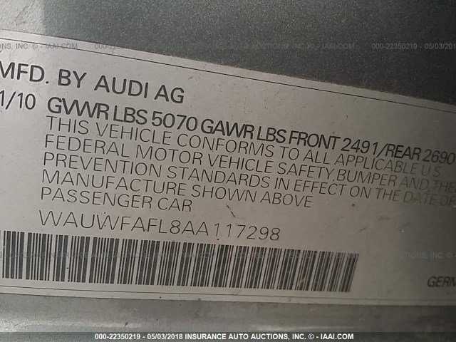 WAUWFAFL8AA117298 - 2010 AUDI A4 PREMIUM PLUS GRAY photo 9