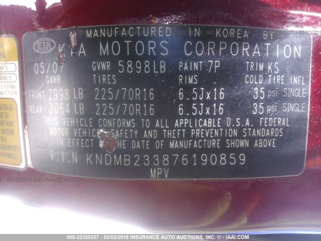 KNDMB233876190859 - 2007 KIA SEDONA EX/LX RED photo 9