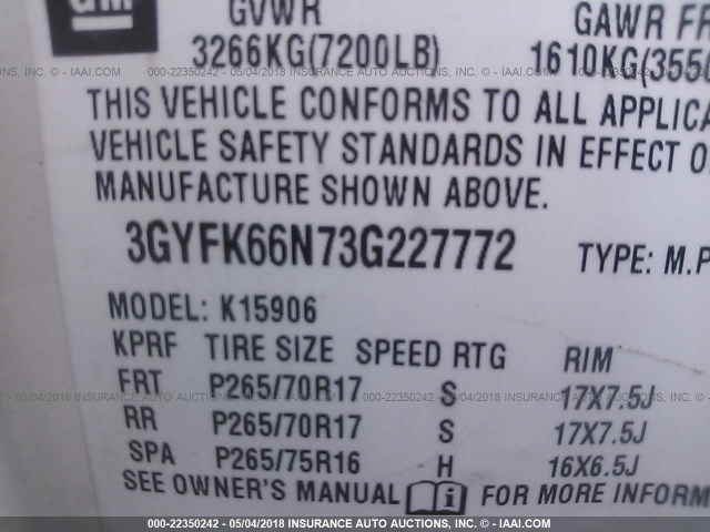 3GYFK66N73G227772 - 2003 CADILLAC ESCALADE ESV WHITE photo 9