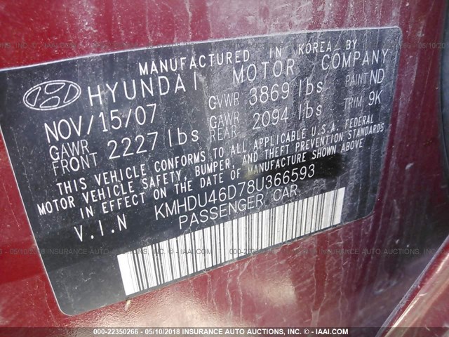 KMHDU46D78U366593 - 2008 HYUNDAI ELANTRA GLS/SE/LIMITED RED photo 9