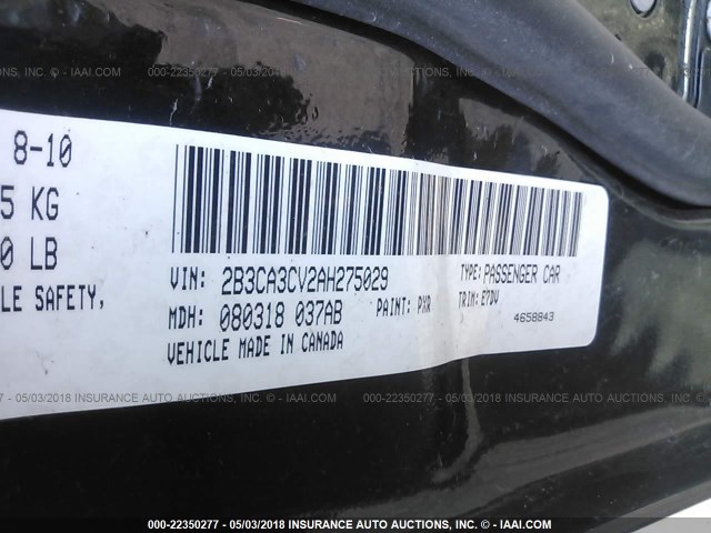 2B3CA3CV2AH275029 - 2010 DODGE CHARGER SXT BLACK photo 9