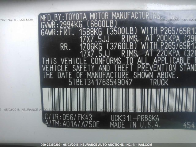 5TBET34176S549047 - 2006 TOYOTA TUNDRA DOUBLE CAB SR5 WHITE photo 9