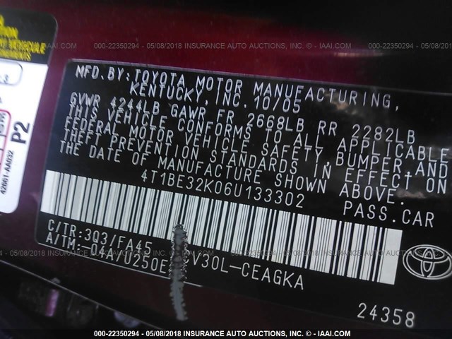 4T1BE32K06U133302 - 2006 TOYOTA CAMRY LE/XLE/SE მუქწითელი ფოტო 9